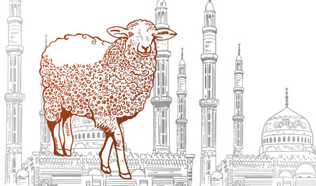 Hand Drawn Sketch of Sheep and Islamic Mosque with ornamental Crescent Moon to Festive banners of Eid-al-Fitr. Vector illustration to holidays.のイラスト素材