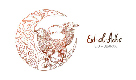 Hand Drawn Sketch of Sheep and Islamic Mosque with ornamental Crescent Moon to Festive banners of Eid-al-Fitr. Vector illustration to holidays.のイラスト素材