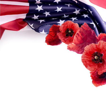 Pearl Harbor National Remembrance day banner template with united states flag, red poppies, and copy...
