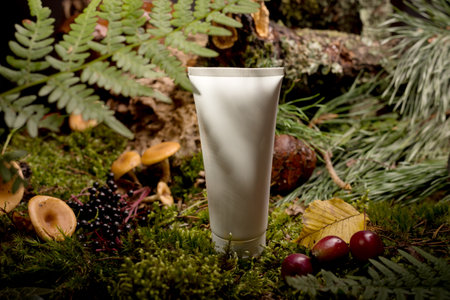 Moisturizer cream white bottle among natural green moss, mushrooms, and wooden sticks. Cosmetics mockup with nature background.の写真素材