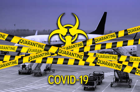 Flight canceled because of the pandemic coronavirus COVID-19 concept. Collage with caution yellow and black stripes biohazard sign over airport runway. Worldwide flight cancellation.の写真素材