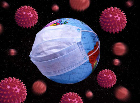 Earth globe wearing a protective mask stands against the blue miniature of the virus. Coronavirus, COVID-19 concept.の写真素材