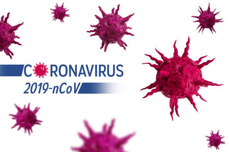 Coronavirus COVID-19 concept. Plasticine model of biological hazard of pandemic of the coronavirus flying in midair. Danger came from China.の写真素材