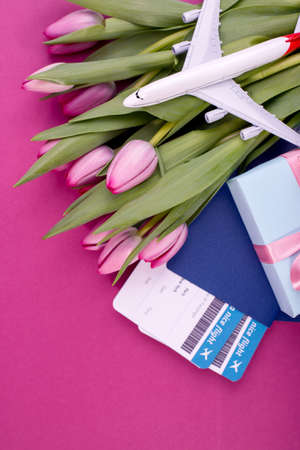 Romantic travel concept with gentle tulips boarding pass documents, gift box and airplane model against pink color backgroundの写真素材