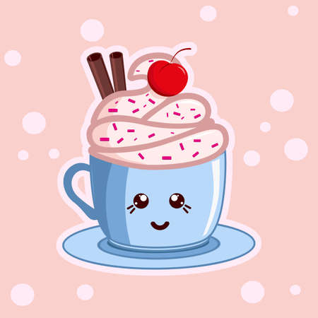Kawaii coffee with icecream. Cute cafe drinks. Vector coffee cups with happy face.のイラスト素材