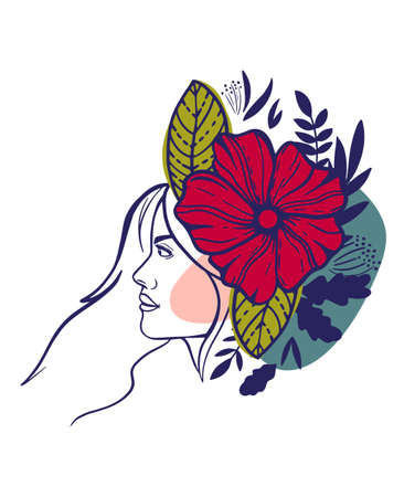 Woman face in minimalist style decorated with bright flowers on an abstract poster to international womens day.のイラスト素材
