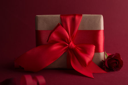 Close up Gift box with red silk bow against dark purple background. Valentines day romantic gift box with red rose. 14 February background.の写真素材