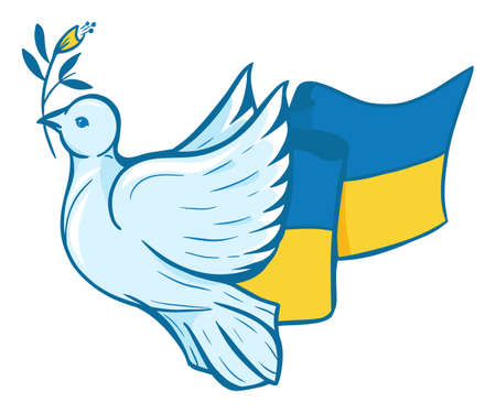 White Pigeon of Peace in composition with the Ukrainian flag and Ukraine Lettering.のイラスト素材