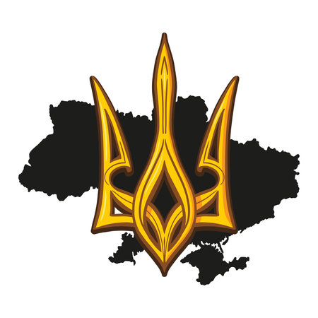 Ukraine National Emblem, Hand Drawn Trident Against Silhouette of Ukraine Map.のイラスト素材