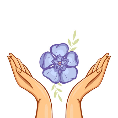 Periwinkle flower in a middle of Raised Womens Hands. Good for Feminine and Eco Friendly Products illustrationのイラスト素材