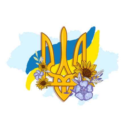 Ukrainian Trident Emblem decorated with Periwinkle Flowers and Sunflower.のイラスト素材