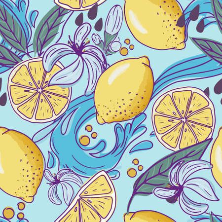 Lemon slices on a seamless pattern. Good for Restaurant menu backdrop or fabric design.のイラスト素材