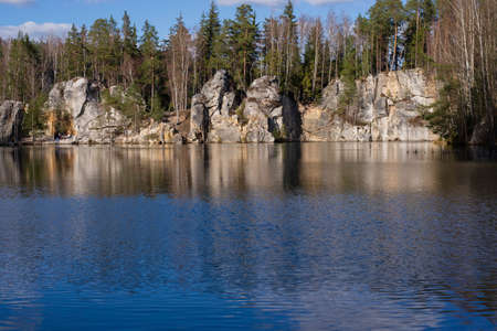 Beautiful nature of Adrspach-Teplice Rocks. National Park of Adrspach with Mountain Lakes and Sandstone Forms.の写真素材