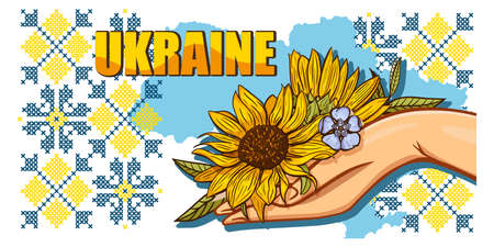 Patriotic Ukrainian Banner with traditional tribal ornament and hand holding bouquet of sunflowers and periwinkle.のイラスト素材