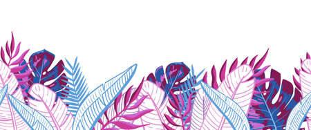 Seamless border of exotic tropical leaves against white background.のイラスト素材