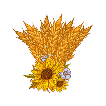 Border Frame of Ears of Wheat decorated with Perwinkle and Sunflowers.のイラスト素材
