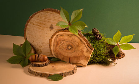 Set of wooden podiums, decor and autumn leaves on beige and green. Good for perfume, jew or cosmetic...