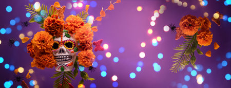 Dia De Los Muertos or Day of the Dead Celebration Banner with Empty Space. Scull Decorated with Marigold flower. Mexican Traditional Festive.の写真素材