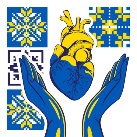 Ukraine Patriotic Banner with Raised Hands decorated with traditional Ornament, good to Independence, Freedom Day Background. stay with Ukraine Conceptのイラスト素材