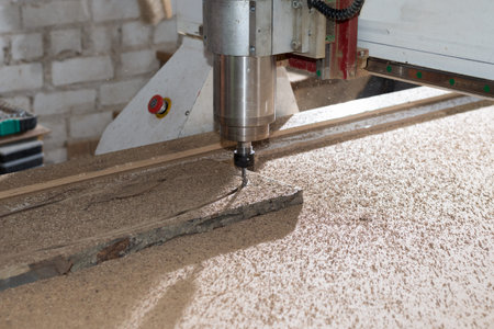 Woodwork cnc machine working on wood board. Tool at the wood factory.の写真素材