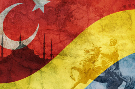 Ukraine and Turkey Diplomatic Relationship Concept in National Flags of Ukraine and Turkey overlaid on Rough surface.の写真素材