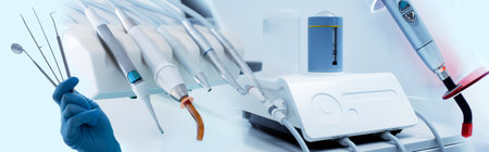 Collage of Modern Dentist tools in the Dentist office. Dental Clinic promotion banner. Tooth Health care Concept banner.の写真素材
