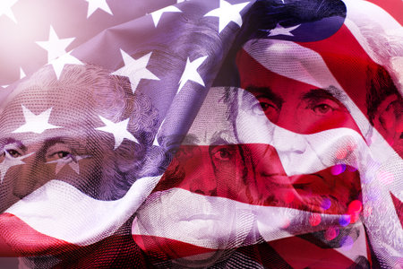 Happy Presidents Day Concept with the US national Flag against a collage American Presidents portraits cut of Dollar bills.の写真素材