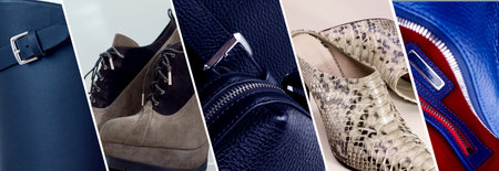 Collage of Fashion Leather Goods Boots, Shoes and Accesorises. Creative Banner for Fashionable...