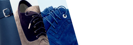Collage of Fashion Leather Goods Boots, Shoes and Accesorises. Creative Banner for Fashionable Retaile Store adv of Autumn Sale Campain.の写真素材