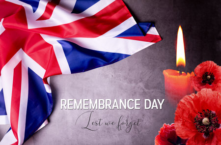 Remembrance Day in the United Kingdom. Banner template with official Great Britain Flag and Poppy flower.の写真素材