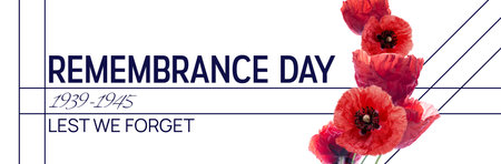 Remembrance day banner with red poppy flowers against white background. Memorial for vicrtims of Warld warsの写真素材