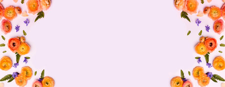 Composition of Purple Hyacinth and Yellow Buttercups on Light pink Background. Holiday banner, copy space. Valentines Day, Mothers day, birthday or arrangement concept.の写真素材
