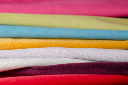 Bright collection of colorful velour textile samples. Fabric texture backgroundの写真素材