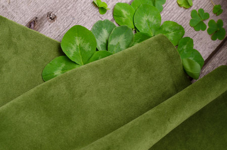 Clover Plant and Green Velour Textile. St Patrick's day concept shamrock on wooden background.の写真素材