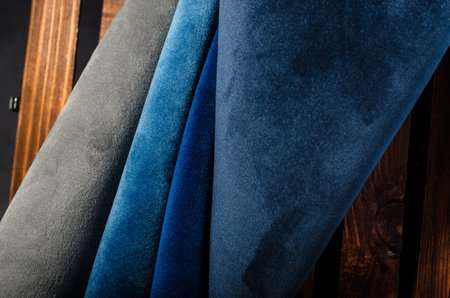 Bright collection of navi color velour textile samples. Fabric texture backgroundの写真素材