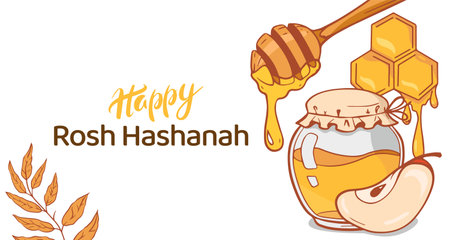 Happy Rosh Hashanah, Jewish New Year Holiday Greeting card or banner template. Honey Jar, apple and honey combs symbols of traditional Jewish New Yearのイラスト素材