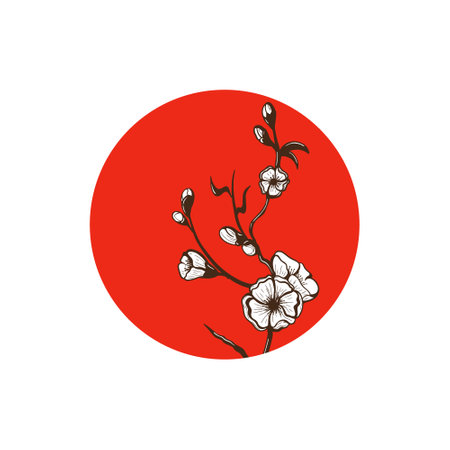 Vector illustration of Sakura flower against red circle and geometric forms. Trendy minimalist poster design.のイラスト素材