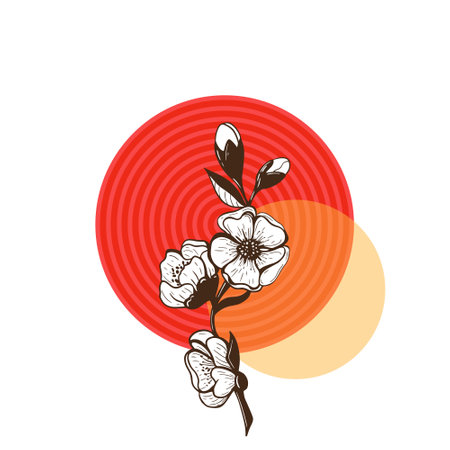 Vector illustration of Sakura flower against red circle and geometric forms. Trendy minimalist poster design.のイラスト素材