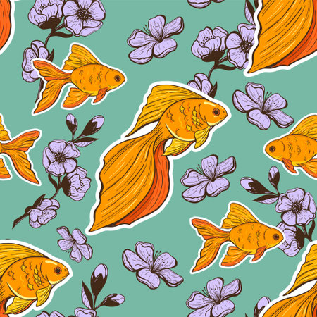 Seamless pattern with beautiful goldfish and flowers of apple or Sakura. Repeat pattern good for wrapping paper or textile design.のイラスト素材