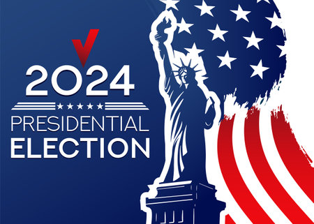 Presidential Election Campaign banner. November 5 is the Vote Day of the US Election 2024. Banner template with Liberty Statue and Official State Flag of USAのイラスト素材