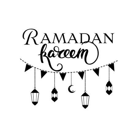 Ramadan Kareem Vector Sticker Illustration. Hanging Arabic Lanterns, Fanooses with Ramadan Kareem Greeting Text.のイラスト素材
