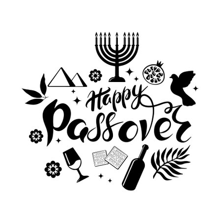 Vector Minimalistic Illustration of Passover Celebrations. Emblem of Wine, Egyptian Pyramids and Waves on a white background. The Escape from Egypt concept.のイラスト素材