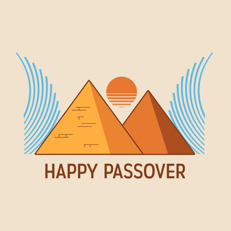 Vector Minimalistic Illustration of Passover Celebrations. Pyramids of Giza and Symbolic waves of Red Sea. The Escape from Egypt concept.のイラスト素材