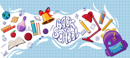 Back to school design concept with popular school supplies levitating above backpack, hand drawn doodles on the background of a checkered paper.のイラスト素材