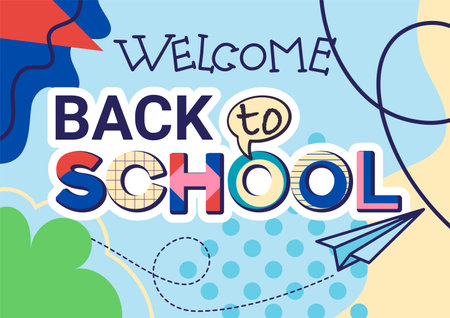 Back to school horizontal banner concept in trendy geometric abstract shapes. Vector illustration with modern typography words and geometric design elements.のイラスト素材