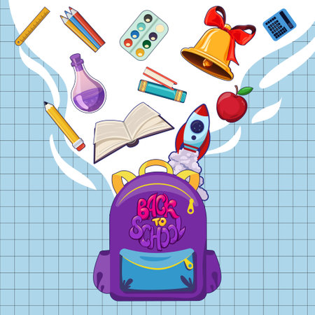 Back to school design concept with popular school supplies levitating above backpack, hand drawn doodles on the background of a checkered paper.のイラスト素材