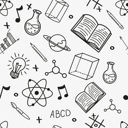 Back to school concept seamless pattern of design elements book, laboratory flask geometry figures in doodle style.のイラスト素材