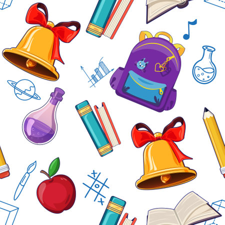 Back to school concept seamless pattern of design elements, school bell, backpack, books, and laboratory flask and doodles against white.のイラスト素材