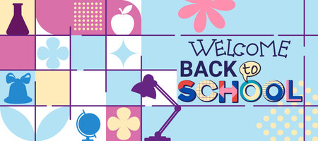 Back to School Sale concept. Welcome to school poster template with school stuff vector illustrations placed in square blocks. Trendy poster on educational theme.のイラスト素材