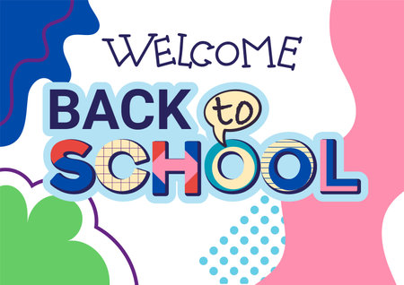 Back to school horizontal banner concept in trendy geometric abstract shapes. Vector illustration with modern typography words and geometric design elements.のイラスト素材